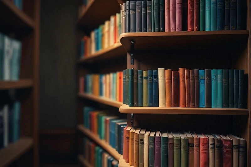 estante organizada com vários livros coloridos