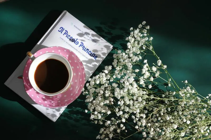 imagem do livro o pequeno principe em cima de uma mesa, com uma xicara de chá em cima, algumas flores brancas ao lado, para exemplificar o post de "livros parecidos com o pequeno principe"